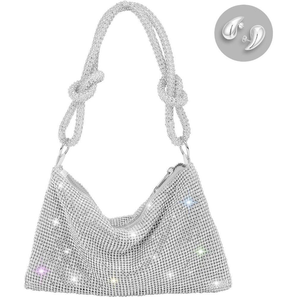 Women Silver Rhinestone Purse Chic Bling Evening Shoulder Handbag Glitter Purse